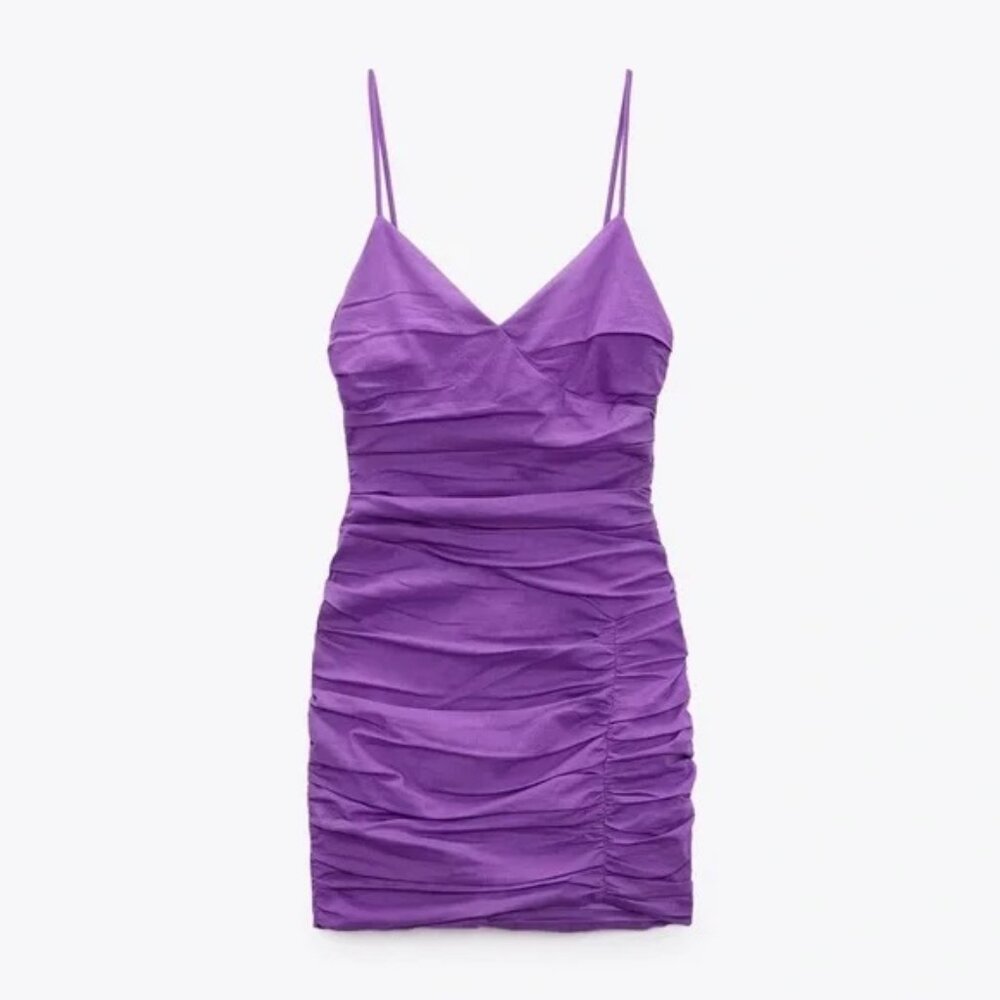 NWT Zara Dress Draped Linen Blend Mini Dress Ruched Purple XS